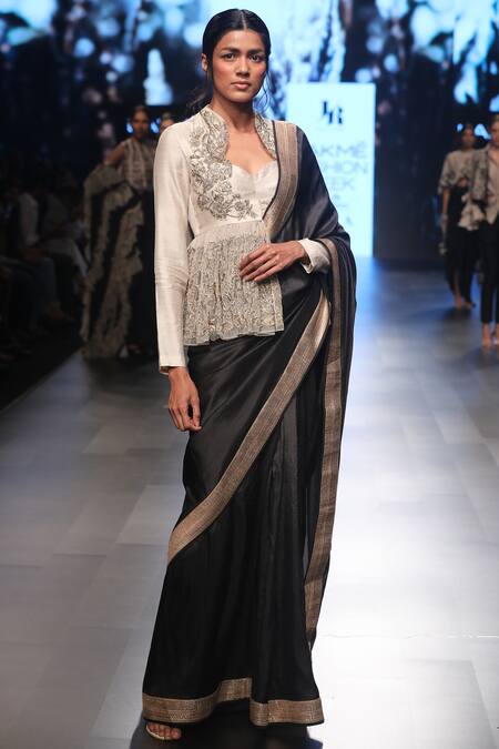 Shop_Jayanti Reddy_Black Banarasi Border Saree With Blouse_at_Aza_Fashions