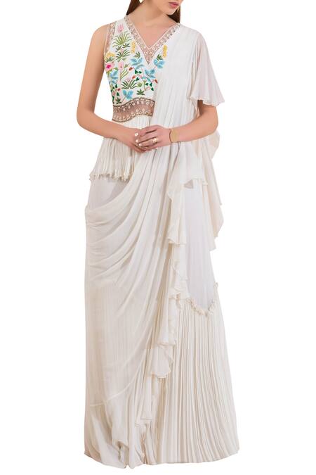 Limerick By Abirr N' Nanki Off White V Neck Pre-draped Peplum Saree Gown Online at Aza Fashions Limerick By Abirr N' Nanki_Off White V Neck Pre-draped Peplum Saree Gown _Online_at_Aza_Fashions