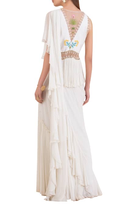 Shop Limerick By Abirr N' Nanki Off White V Neck Pre-draped Peplum Saree Gown at Aza Fashions Shop_Limerick By Abirr N' Nanki_Off White V Neck Pre-draped Peplum Saree Gown _at_Aza_Fashions