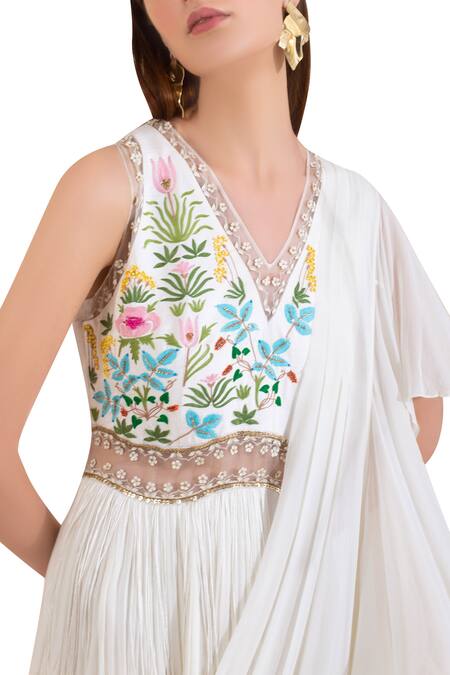 Buy Limerick By Abirr N' Nanki Off White V Neck Pre-draped Peplum Saree Gown Online at Aza Fashions Buy_Limerick By Abirr N' Nanki_Off White V Neck Pre-draped Peplum Saree Gown _Online_at_Aza_Fashions