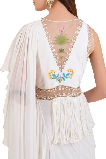 Shop Limerick By Abirr N' Nanki Off White V Neck Pre-draped Peplum Saree Gown Online at Aza Fashions Shop_Limerick By Abirr N' Nanki_Off White V Neck Pre-draped Peplum Saree Gown _Online_at_Aza_Fashions