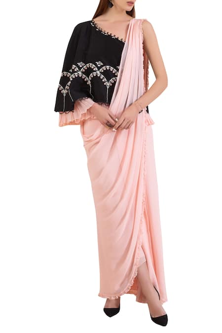 Limerick By Abirr N' Nanki_Pink Pre-draped Cape Saree_Online_at_Aza_Fashions