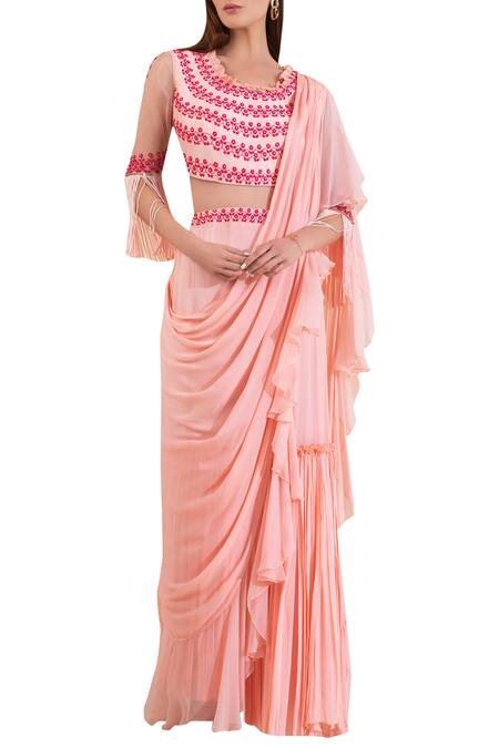 Buy_Limerick By Abirr N' Nanki_Pink Pre Draped Saree Gown_Online_at_Aza_Fashions