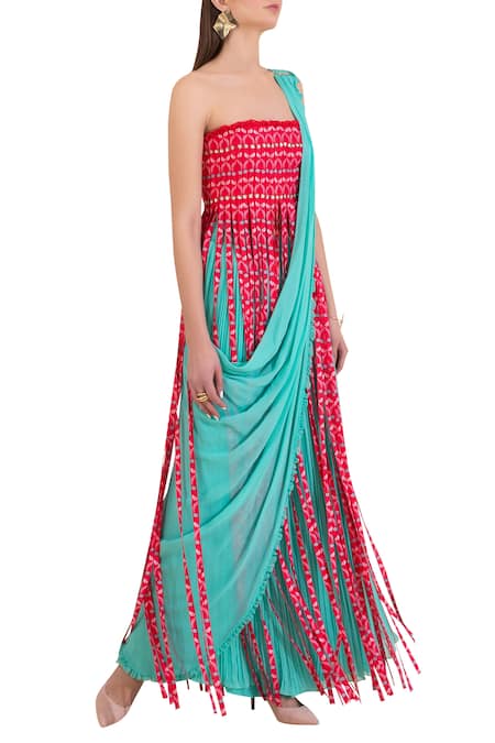 Limerick By Abirr N' Nanki_Blue Pre-draped Pant Saree With Top _Online_at_Aza_Fashions