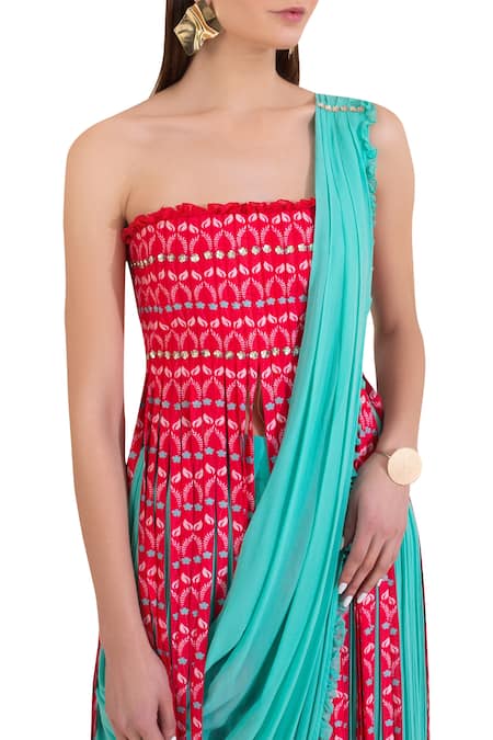 Shop_Limerick By Abirr N' Nanki_Blue Pre-draped Pant Saree With Top _Online_at_Aza_Fashions