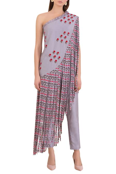 Limerick By Abirr N' Nanki_Grey One Shoulder Top With Pants _Online_at_Aza_Fashions