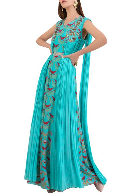 Limerick By Abirr N' Nanki Blue Printed Draped Dress Online at Aza Fashions Limerick By Abirr N' Nanki_Blue Printed Draped Dress _Online_at_Aza_Fashions