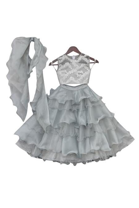 Fayon Kids_Grey Organza, Net Embroidery Lehenga Set _Online_at_Aza_Fashions
