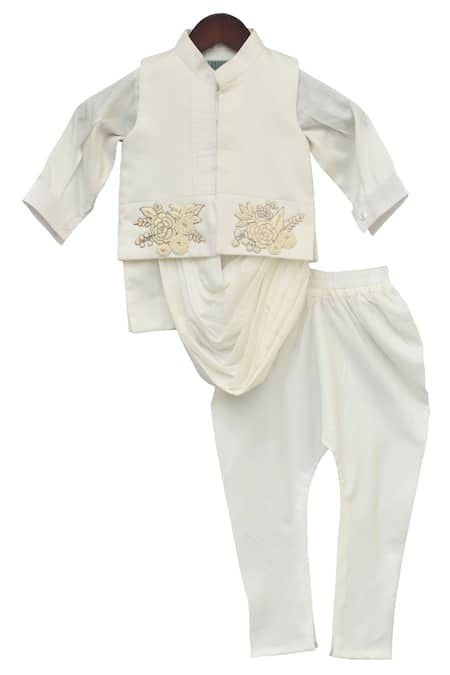 Shop Fayon Kids White Cotton Embroidery Kurta Set With Nehru Jacket at Aza Fashions Shop_Fayon Kids_White Cotton Embroidery Kurta Set With Nehru Jacket _at_Aza_Fashions