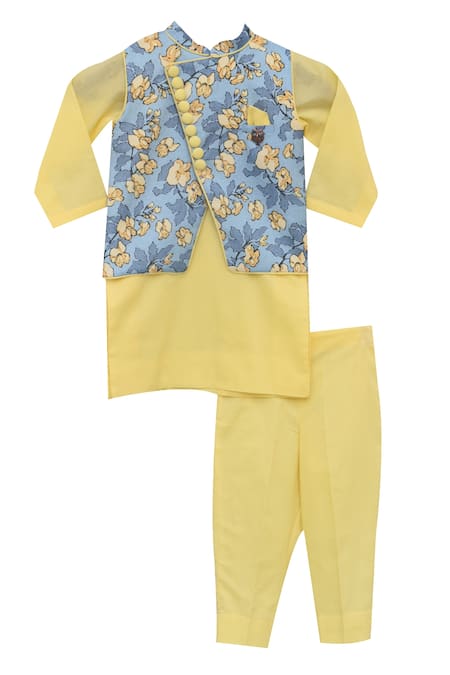 Fayon Kids_Blue Cotton Kurta Set With Nehru Jacket _Online_at_Aza_Fashions
