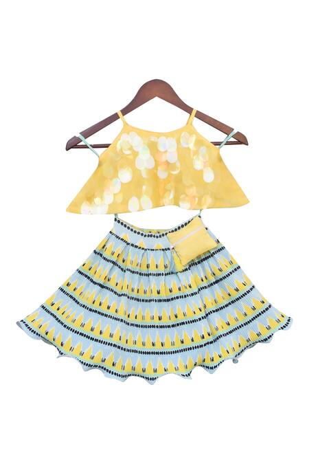 Fayon Kids Yellow Sequin Top With Printed Skirt
