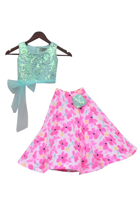 Fayon Kids_Blue Cotton Sequins Top And Printed Skirt _Online_at_Aza_Fashions