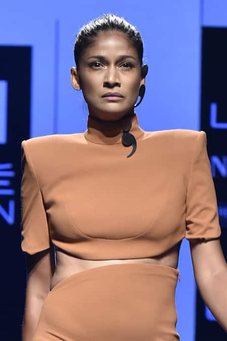 Shop Nikhil Thampi Gold Polo Neck Crop Top With Pants at Aza Fashions Shop_Nikhil Thampi_Gold Polo Neck Crop Top With Pants _at_Aza_Fashions