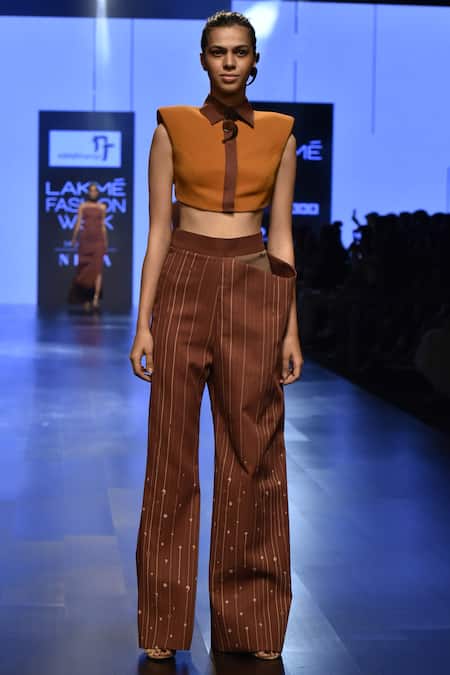 Shop_Nikhil Thampi_Gold Collared Crop Top With Pants  _at_Aza_Fashions