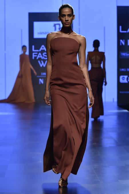 Nikhil Thampi Brown Imported Blend Embellished Semi Colon Metal Cutout Slit Gown  