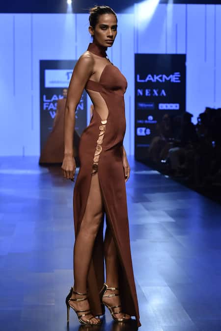 Shop_Nikhil Thampi_Brown Imported Blend Embellished Semi Colon Metal Cutout Slit Gown  _at_Aza_Fashions