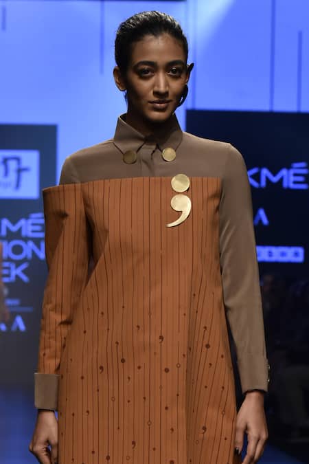 Shop Nikhil Thampi Brown Overlap Shirt Dress at Aza Fashions Shop_Nikhil Thampi_Brown Overlap Shirt Dress _at_Aza_Fashions