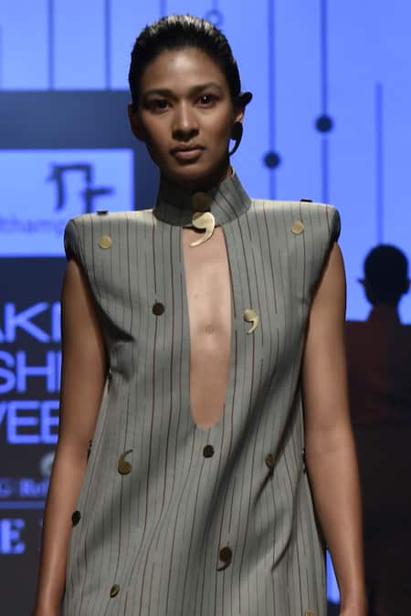 Shop_Nikhil Thampi_Green Polo Embellished High Collar Dress _at_Aza_Fashions