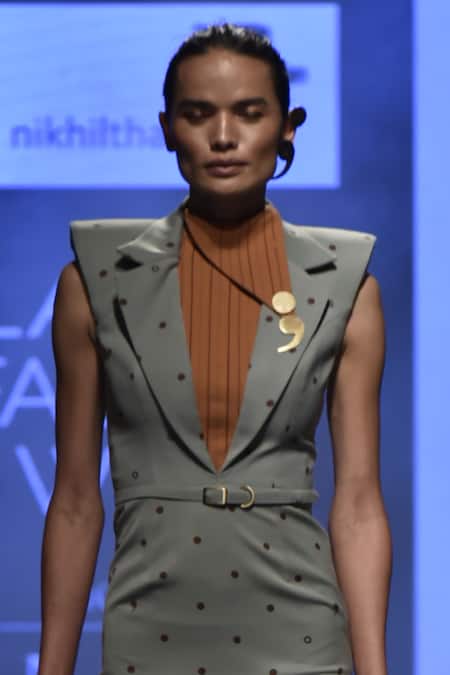 Shop Nikhil Thampi Green Lapel Collar Midi Dress at Aza Fashions Shop_Nikhil Thampi_Green Lapel Collar Midi Dress _at_Aza_Fashions