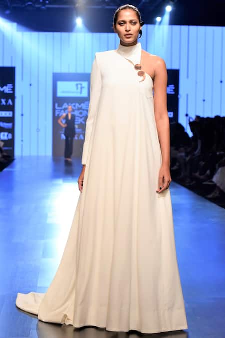 Shop_Nikhil Thampi_White Trapeze High Neck Gown  _at_Aza_Fashions