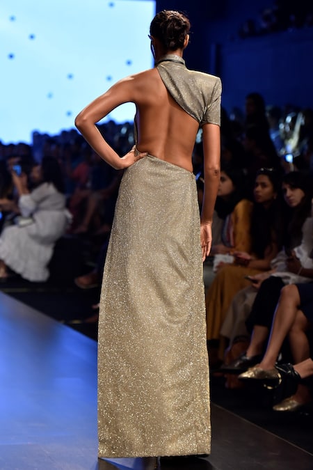 Shop_Nikhil Thampi_Silver One Shoulder Slit Gown  _at_Aza_Fashions