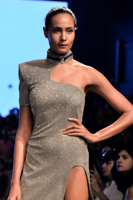 Nikhil Thampi Silver One Shoulder Slit Gown Online at Aza Fashions Nikhil Thampi_Silver One Shoulder Slit Gown _Online_at_Aza_Fashions
