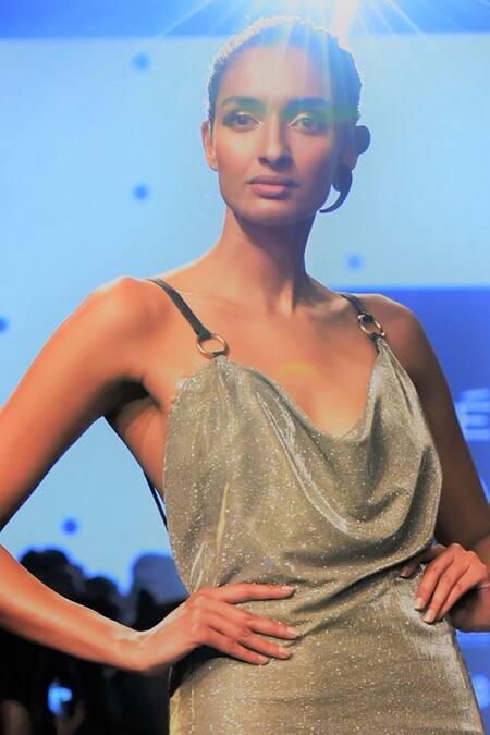 Nikhil Thampi Silver Draped Fishtail Gown Online at Aza Fashions Nikhil Thampi_Silver Draped Fishtail Gown _Online_at_Aza_Fashions