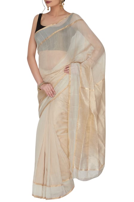 Mint N Oranges Beige Pure Tissue Chanderi Saree