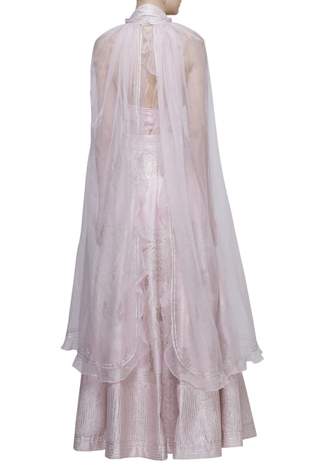 Shop Neha Khullar Pink Organza, Chanderi Silk Halter Neckline Cape Blouse With Lehenga at Aza Fashions Shop_Neha Khullar_Pink Organza, Chanderi Silk Halter Neckline Cape Blouse With Lehenga _at_Aza_Fashions