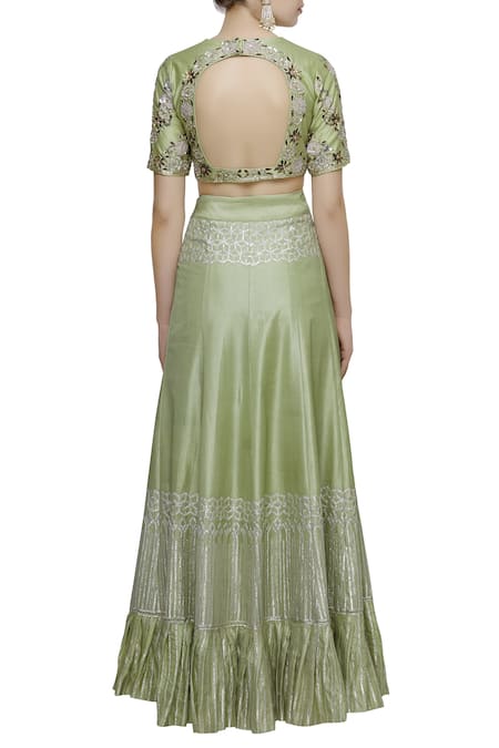Shop Neha Khullar Green Silk, Organza V Neck Embroidered Lehenga Set at Aza Fashions Shop_Neha Khullar_Green Silk, Organza V Neck Embroidered Lehenga Set _at_Aza_Fashions