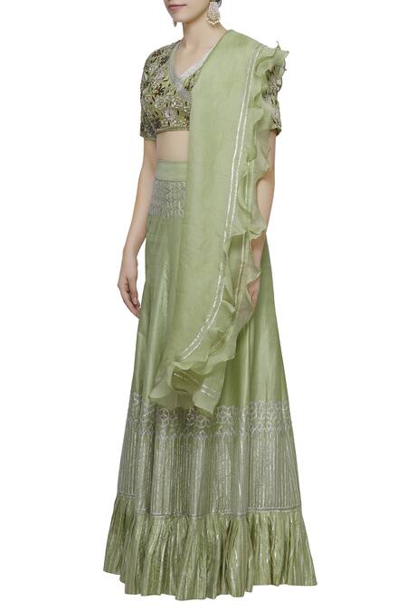 Neha Khullar Green Silk, Organza V Neck Embroidered Lehenga Set Online at Aza Fashions Neha Khullar_Green Silk, Organza V Neck Embroidered Lehenga Set _Online_at_Aza_Fashions