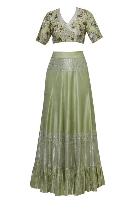 Buy Neha Khullar Green Silk, Organza V Neck Embroidered Lehenga Set Online at Aza Fashions Buy_Neha Khullar_Green Silk, Organza V Neck Embroidered Lehenga Set _Online_at_Aza_Fashions