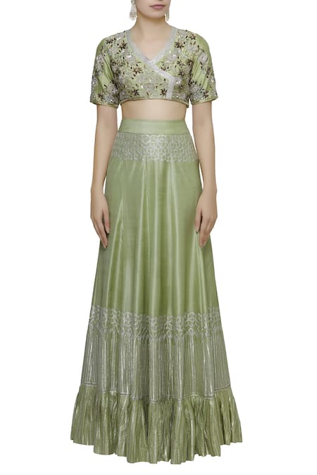 Shop Neha Khullar Green Silk, Organza V Neck Embroidered Lehenga Set Online at Aza Fashions Shop_Neha Khullar_Green Silk, Organza V Neck Embroidered Lehenga Set _Online_at_Aza_Fashions