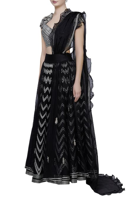 Neha Khullar_Black Organza, Chanderi Silk V Neck Embroidered Lehenga Set _Online_at_Aza_Fashions