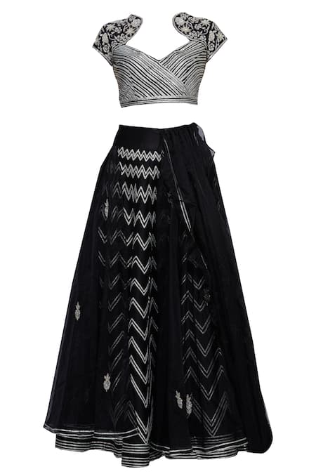 Buy_Neha Khullar_Black Organza, Chanderi Silk V Neck Embroidered Lehenga Set _Online_at_Aza_Fashions