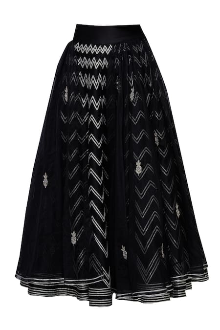 Shop_Neha Khullar_Black Organza, Chanderi Silk V Neck Embroidered Lehenga Set _Online_at_Aza_Fashions