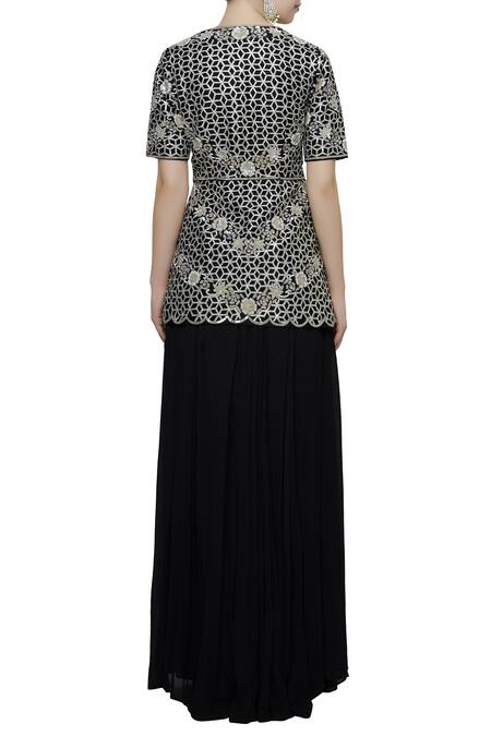 Shop_Neha Khullar_Black Chinon Split Neck Chanderi Silk Kurta Palazzo Set _at_Aza_Fashions