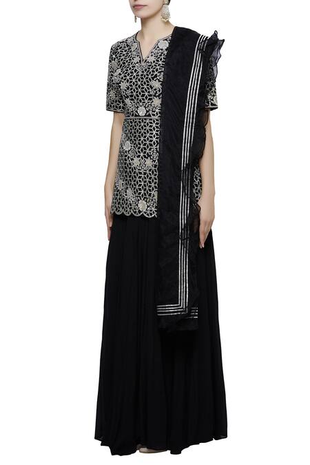 Neha Khullar_Black Chinon Split Neck Chanderi Silk Kurta Palazzo Set _Online_at_Aza_Fashions