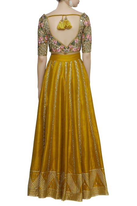 Shop Neha Khullar Yellow Raw Silk, Organza Leaf Neck Embroidered Lehenga Set at Aza Fashions Shop_Neha Khullar_Yellow Raw Silk, Organza Leaf Neck Embroidered Lehenga Set _at_Aza_Fashions