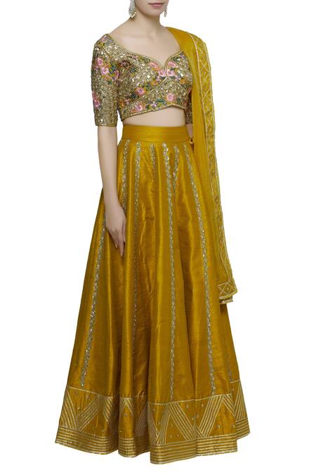 Neha Khullar Yellow Raw Silk, Organza Leaf Neck Embroidered Lehenga Set Online at Aza Fashions Neha Khullar_Yellow Raw Silk, Organza Leaf Neck Embroidered Lehenga Set _Online_at_Aza_Fashions