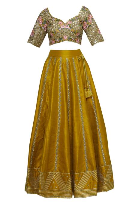 Buy Neha Khullar Yellow Raw Silk, Organza Leaf Neck Embroidered Lehenga Set Online at Aza Fashions Buy_Neha Khullar_Yellow Raw Silk, Organza Leaf Neck Embroidered Lehenga Set _Online_at_Aza_Fashions