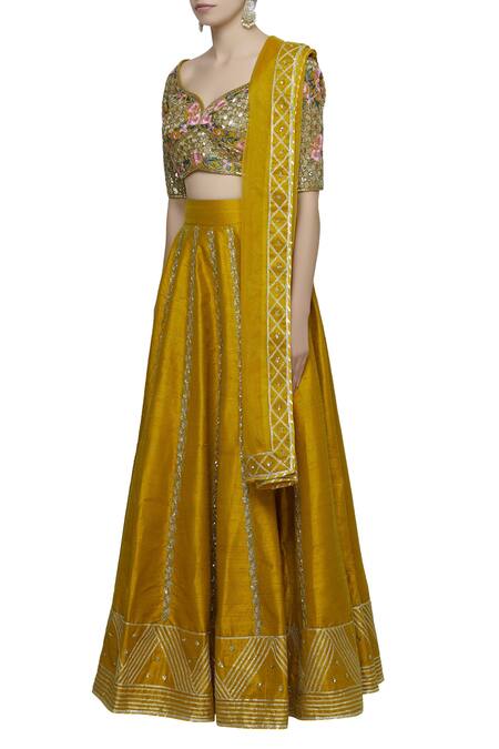 Shop Neha Khullar Yellow Raw Silk, Organza Leaf Neck Embroidered Lehenga Set Online at Aza Fashions Shop_Neha Khullar_Yellow Raw Silk, Organza Leaf Neck Embroidered Lehenga Set _Online_at_Aza_Fashions