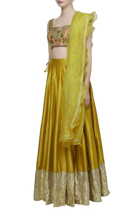 Shop_Neha Khullar_Yellow Raw Silk Square Neckline Embroidered Lehenga Set  _Online_at_Aza_Fashions