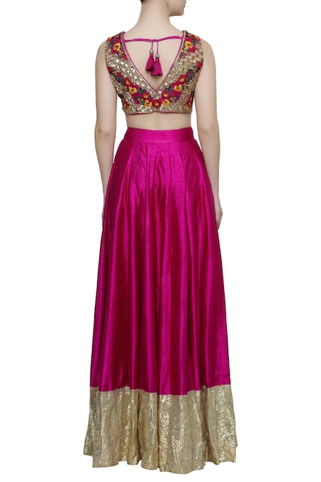 Shop_Neha Khullar_Pink Raw Silk V Neck Embroidered Lehenga Set  _at_Aza_Fashions