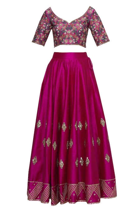 Buy Neha Khullar Pink Raw Silk, Organza Leaf Neck Embroidered Lehenga Set Online at Aza Fashions Buy_Neha Khullar_Pink Raw Silk, Organza Leaf Neck Embroidered Lehenga Set _Online_at_Aza_Fashions