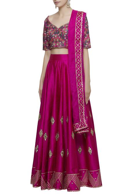 Shop Neha Khullar Pink Raw Silk, Organza Leaf Neck Embroidered Lehenga Set Online at Aza Fashions Shop_Neha Khullar_Pink Raw Silk, Organza Leaf Neck Embroidered Lehenga Set _Online_at_Aza_Fashions