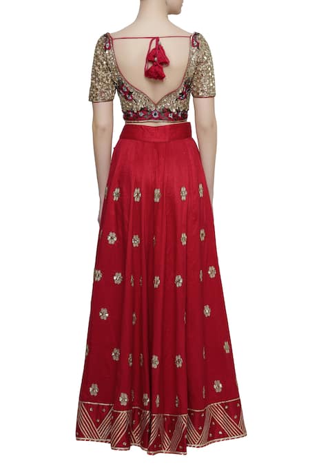 Shop Neha Khullar Red Raw Silk, Organza Leaf Neck Embroidered Lehenga Set at Aza Fashions Shop_Neha Khullar_Red Raw Silk, Organza Leaf Neck Embroidered Lehenga Set _at_Aza_Fashions
