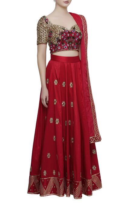 Neha Khullar Red Raw Silk, Organza Leaf Neck Embroidered Lehenga Set Online at Aza Fashions Neha Khullar_Red Raw Silk, Organza Leaf Neck Embroidered Lehenga Set _Online_at_Aza_Fashions