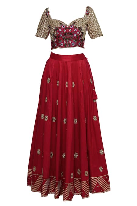 Buy Neha Khullar Red Raw Silk, Organza Leaf Neck Embroidered Lehenga Set Online at Aza Fashions Buy_Neha Khullar_Red Raw Silk, Organza Leaf Neck Embroidered Lehenga Set _Online_at_Aza_Fashions