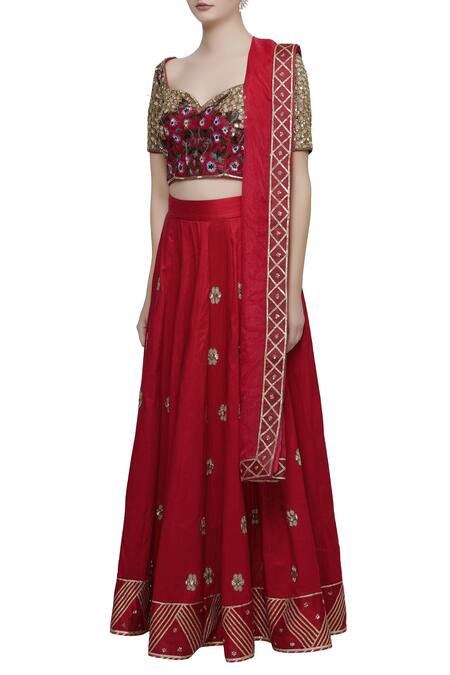 Shop Neha Khullar Red Raw Silk, Organza Leaf Neck Embroidered Lehenga Set Online at Aza Fashions Shop_Neha Khullar_Red Raw Silk, Organza Leaf Neck Embroidered Lehenga Set _Online_at_Aza_Fashions